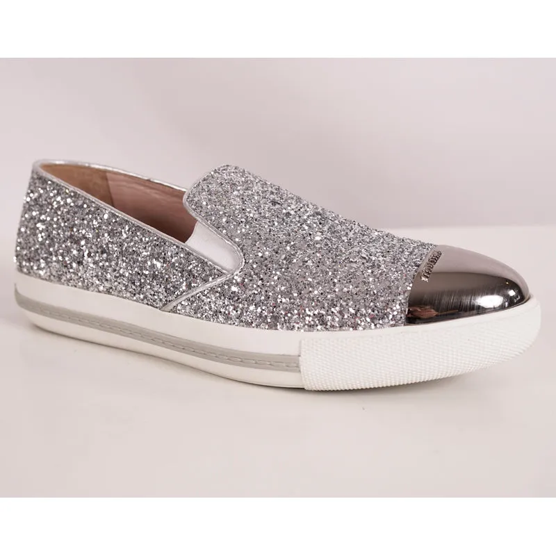 39.5 NEW $650 MIU MIU Womans Silver GLITTER METAL CAP TOP Slip on Skate SNEAKERS