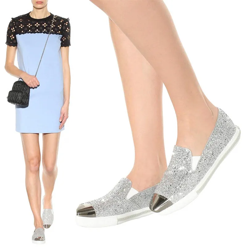 39.5 NEW $650 MIU MIU Womans Silver GLITTER METAL CAP TOP Slip on Skate SNEAKERS