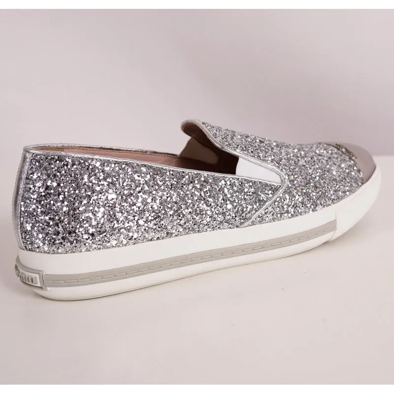 39.5 NEW $650 MIU MIU Womans Silver GLITTER METAL CAP TOP Slip on Skate SNEAKERS