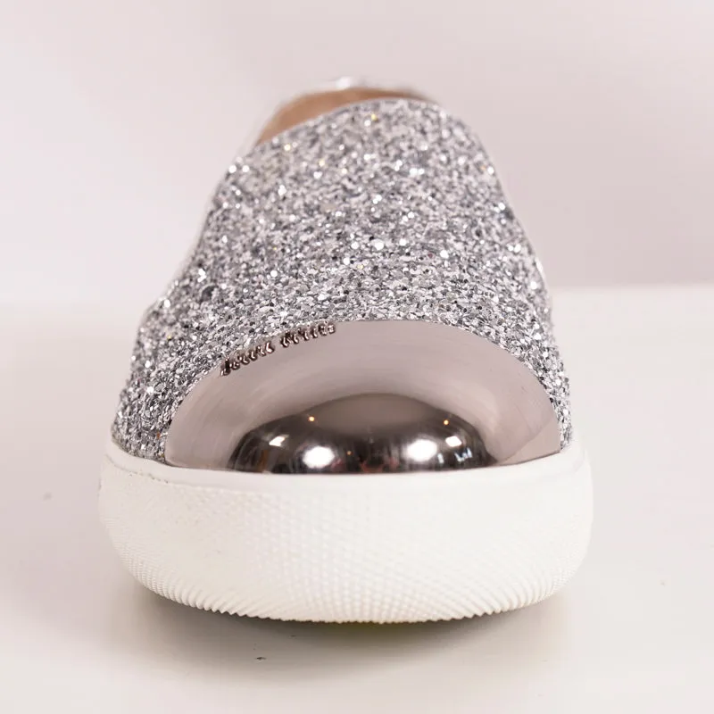 39.5 NEW $650 MIU MIU Womans Silver GLITTER METAL CAP TOP Slip on Skate SNEAKERS