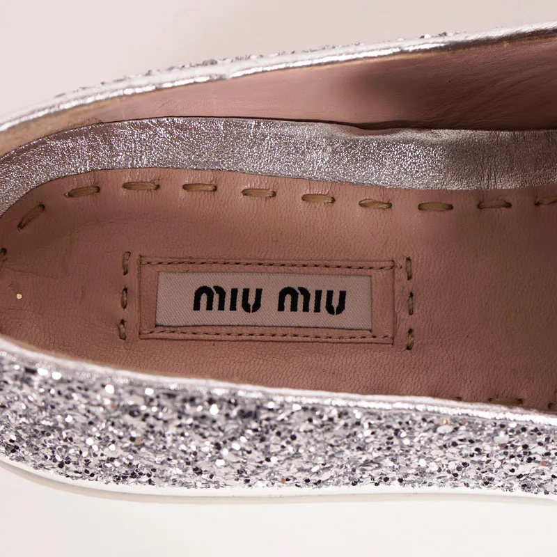 39.5 NEW $650 MIU MIU Womans Silver GLITTER METAL CAP TOP Slip on Skate SNEAKERS