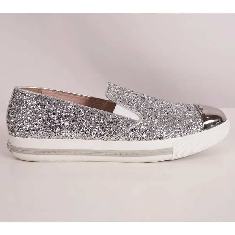 39.5 NEW $650 MIU MIU Womans Silver GLITTER METAL CAP TOP Slip on Skate SNEAKERS