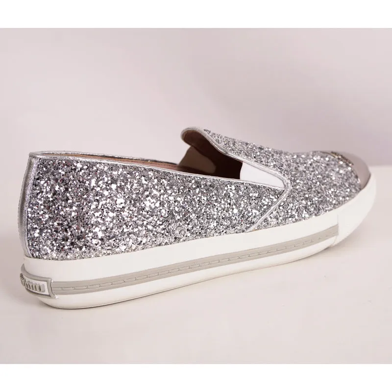 39.5 NEW $650 MIU MIU Womans Silver GLITTER METAL CAP TOP Slip on Skate SNEAKERS