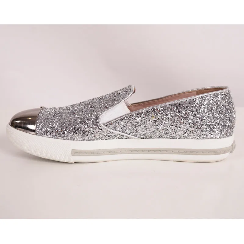 39.5 NEW $650 MIU MIU Womans Silver GLITTER METAL CAP TOP Slip on Skate SNEAKERS