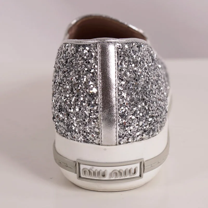 39.5 NEW $650 MIU MIU Womans Silver GLITTER METAL CAP TOP Slip on Skate SNEAKERS