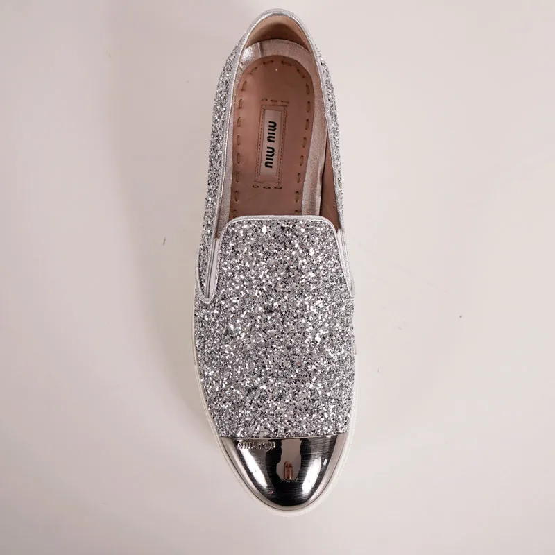 39.5 NEW $650 MIU MIU Womans Silver GLITTER METAL CAP TOP Slip on Skate SNEAKERS