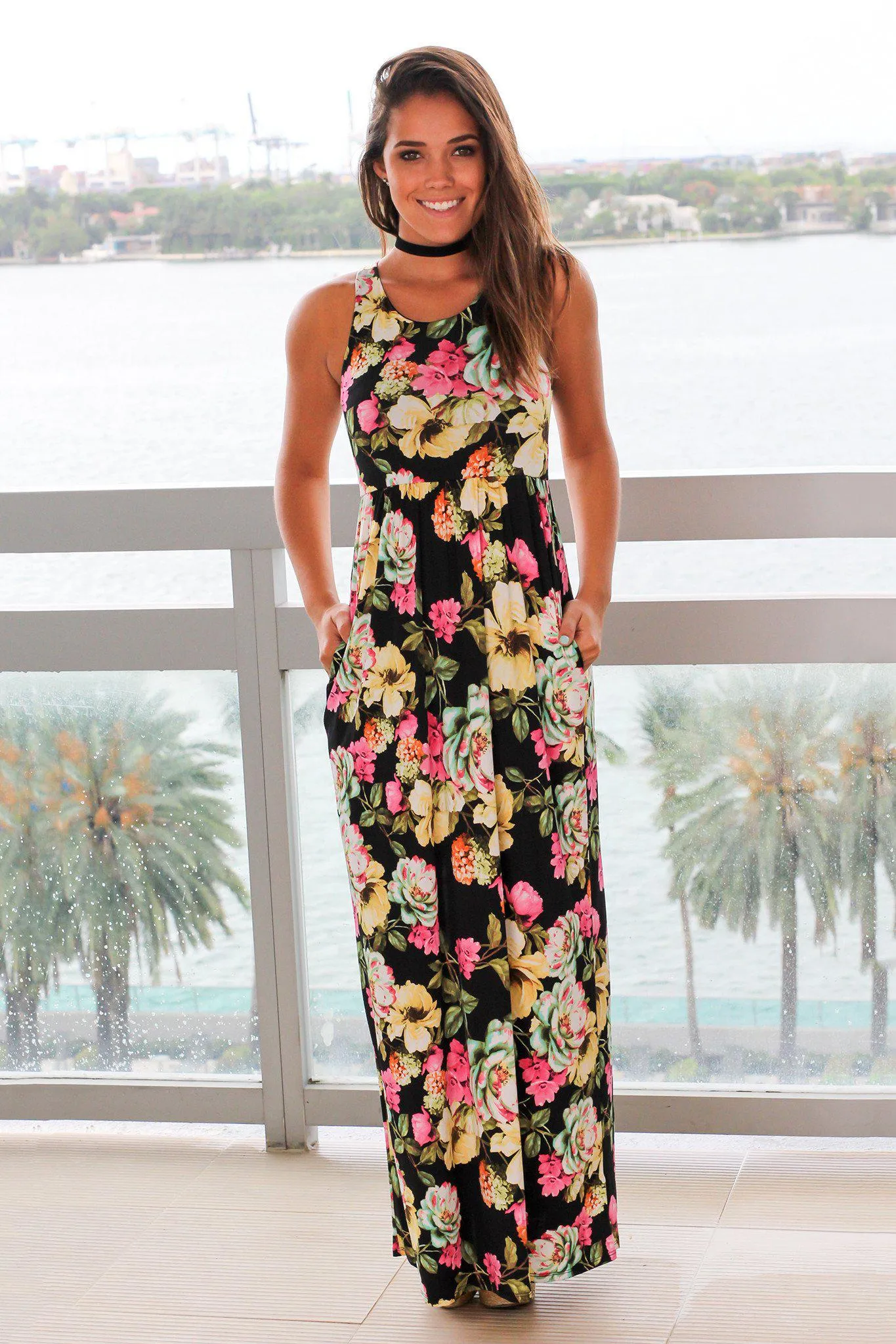 Black and Yellow Floral Maxi Dress