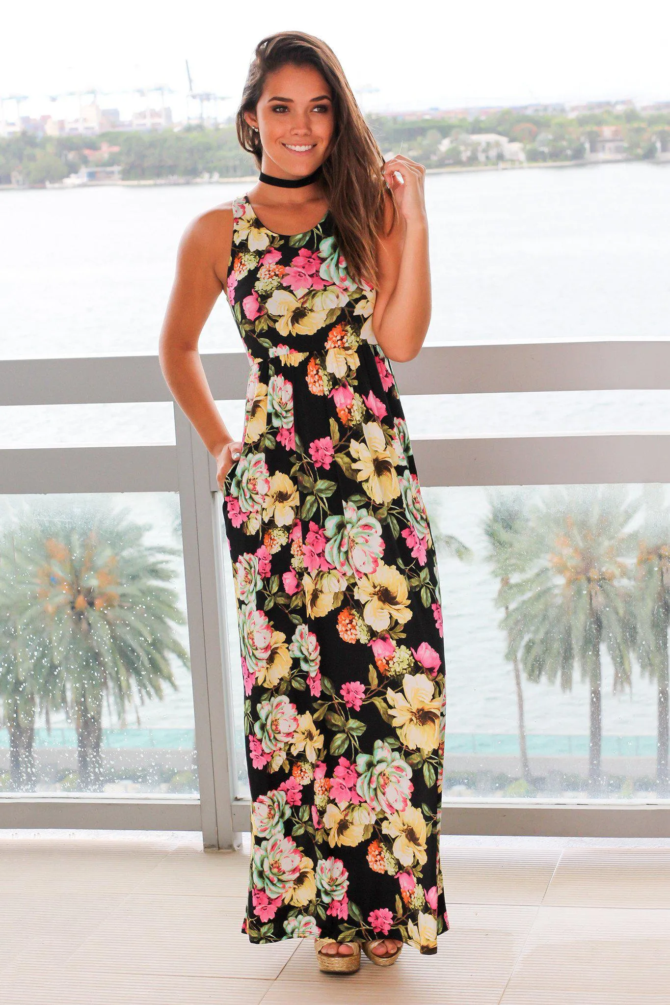 Black and Yellow Floral Maxi Dress