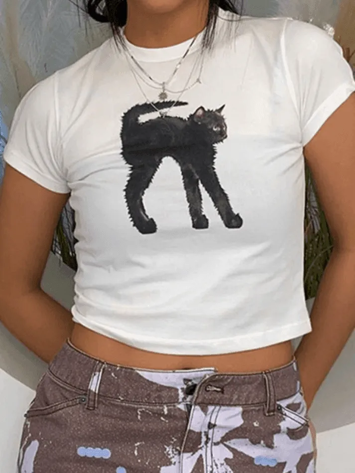 Black Cat Printed Crop Top