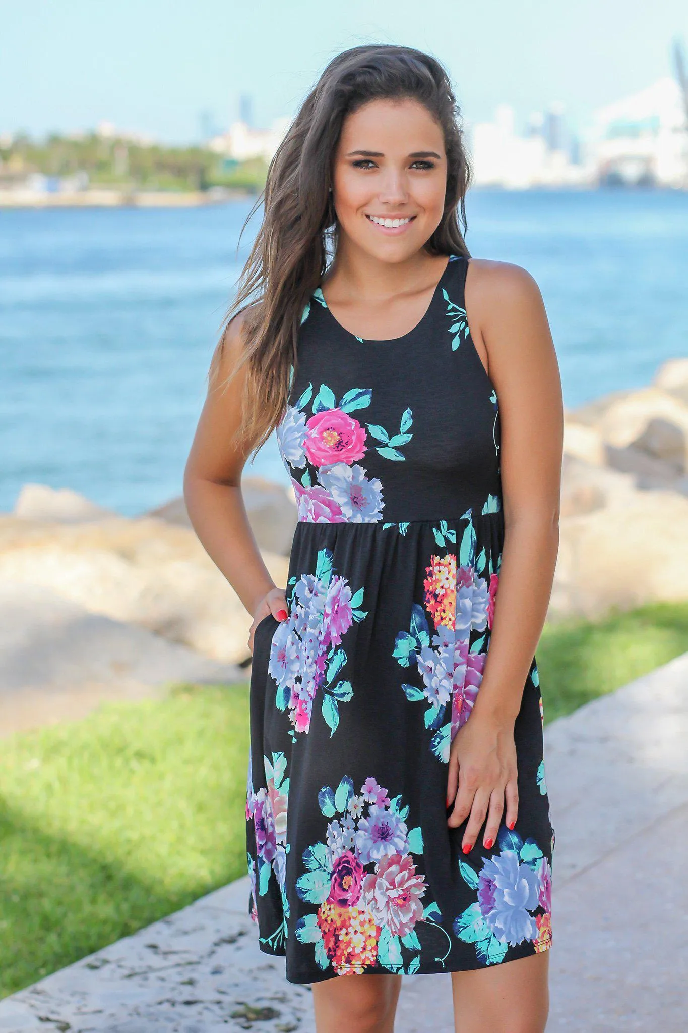 Black Floral Racerback Short Dress