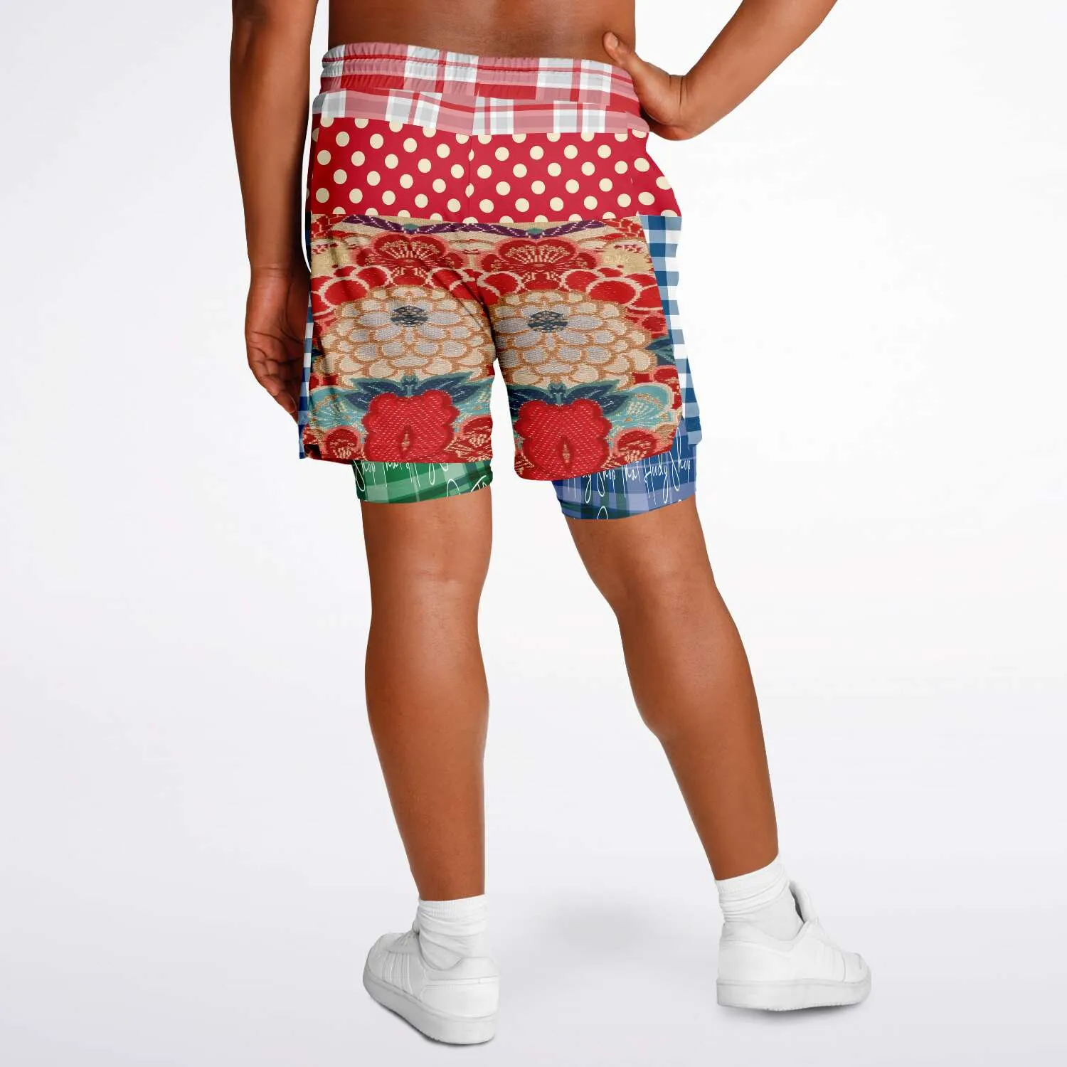 Busan Fleur Floral Plaid Patchwork Compression Activity Shorts