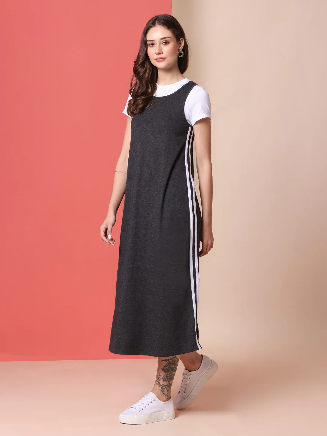 COTTON LYCRA DOUBLER DRESS W/ SPORTY SIDE STRIPES