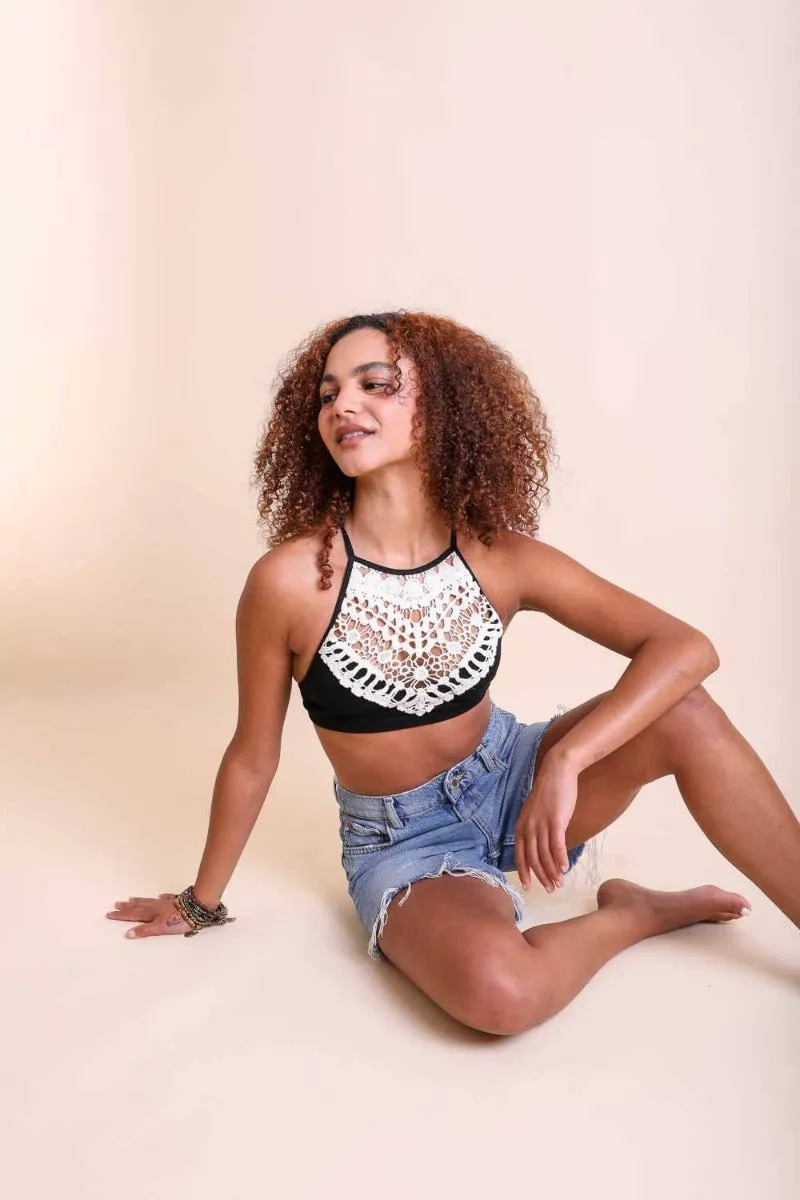 Crochet Lace High Neck Crop Top