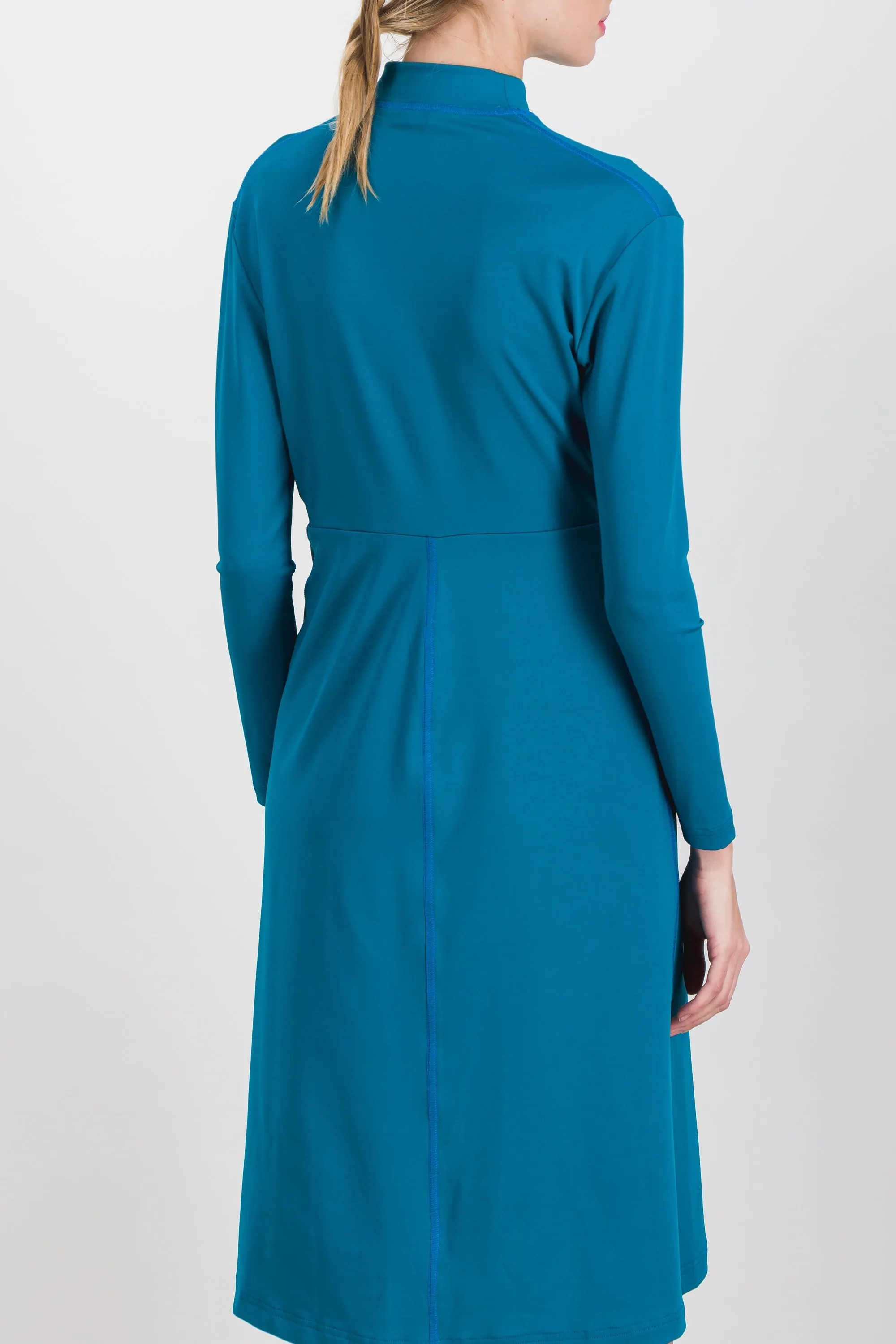 Draped long sleeved recycled jersey midi dress