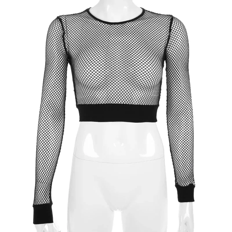 Hollow Out See Trough Long Sleeve Mesh Crop Tops