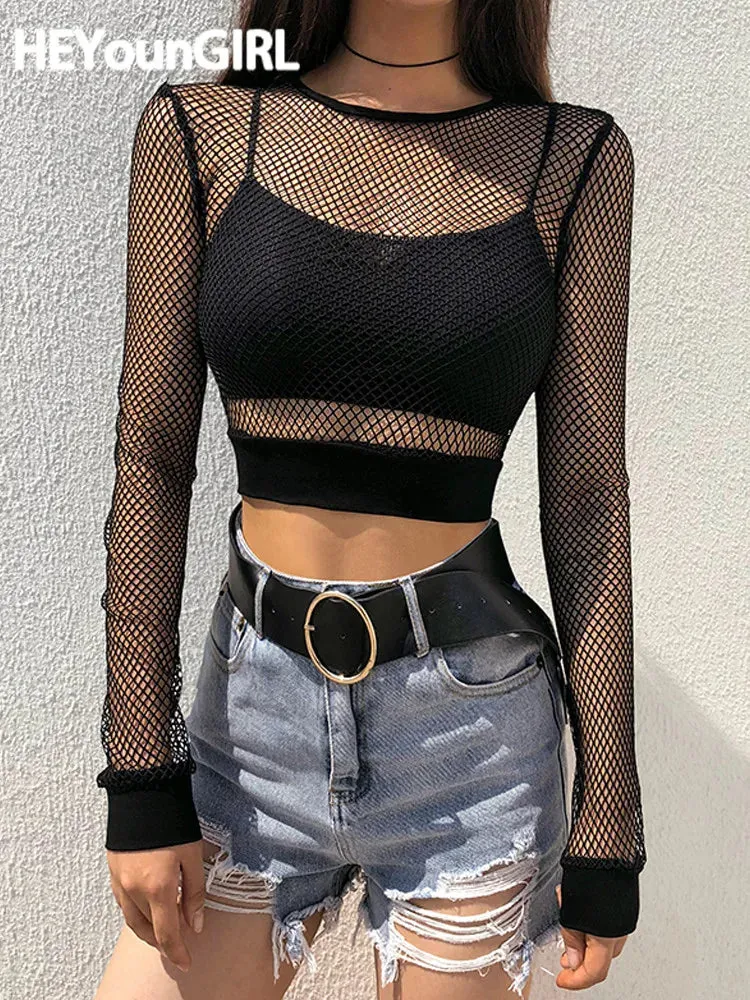 Hollow Out See Trough Long Sleeve Mesh Crop Tops