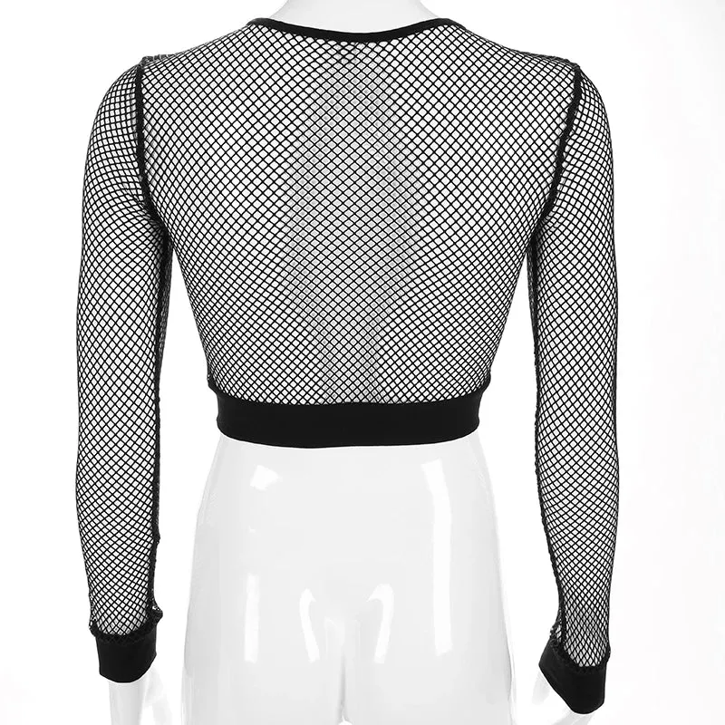 Hollow Out See Trough Long Sleeve Mesh Crop Tops