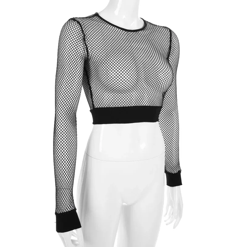 Hollow Out See Trough Long Sleeve Mesh Crop Tops