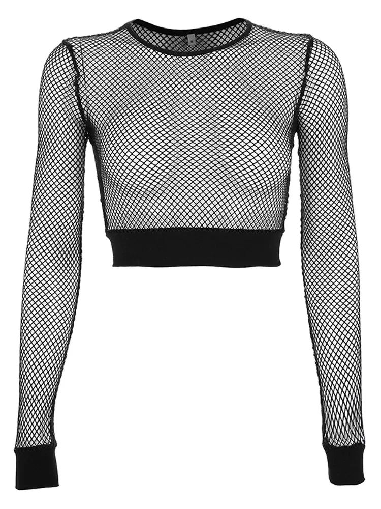 Hollow Out See Trough Long Sleeve Mesh Crop Tops