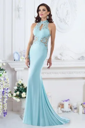 Janique - W974SC Embroidered Halter Mermaid Gown In Aqua