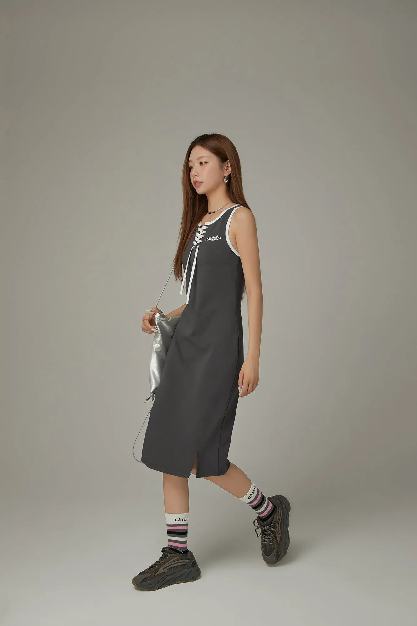 Lace Up Color Matching Sporty Long Dress