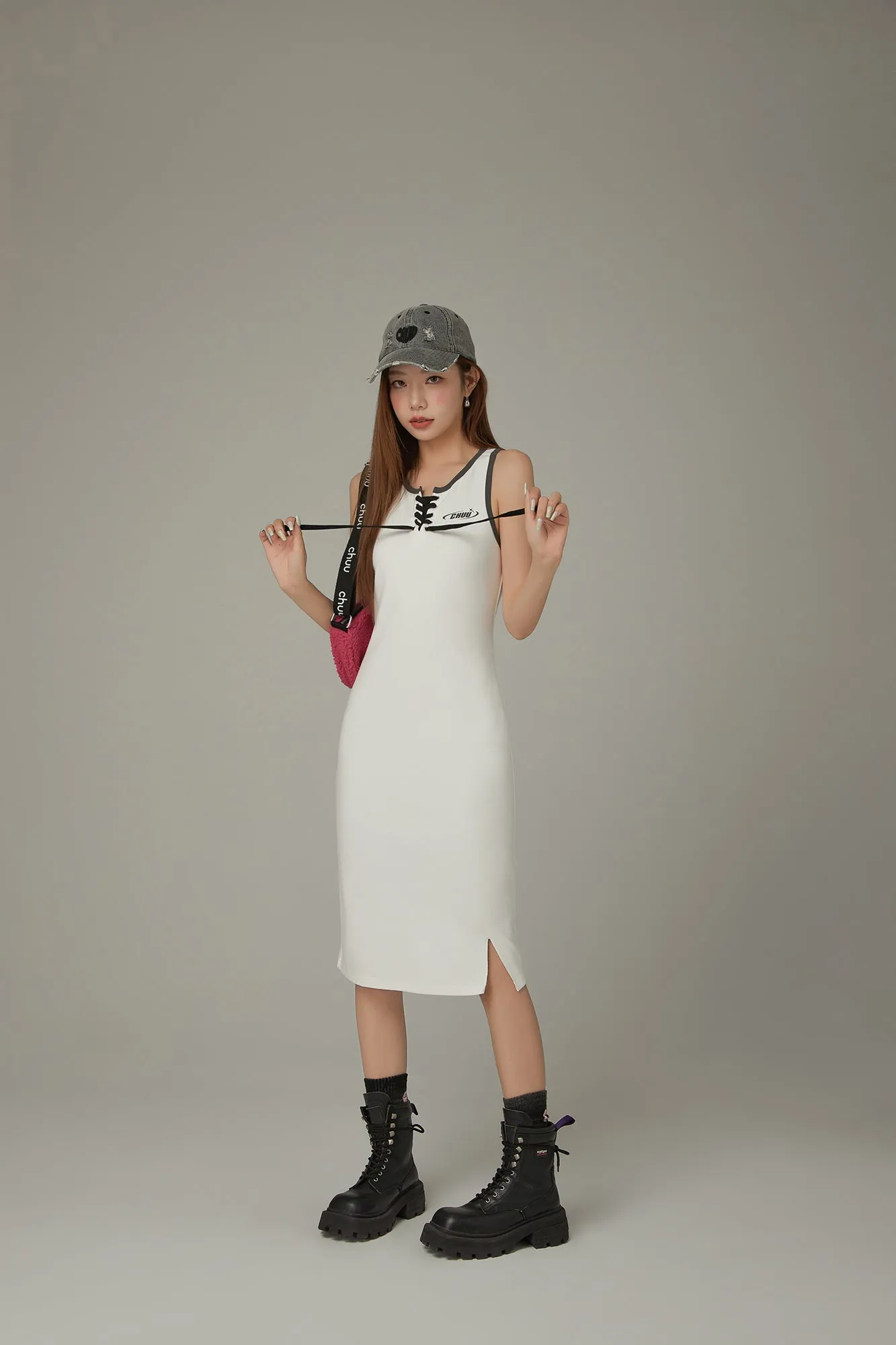 Lace Up Color Matching Sporty Long Dress