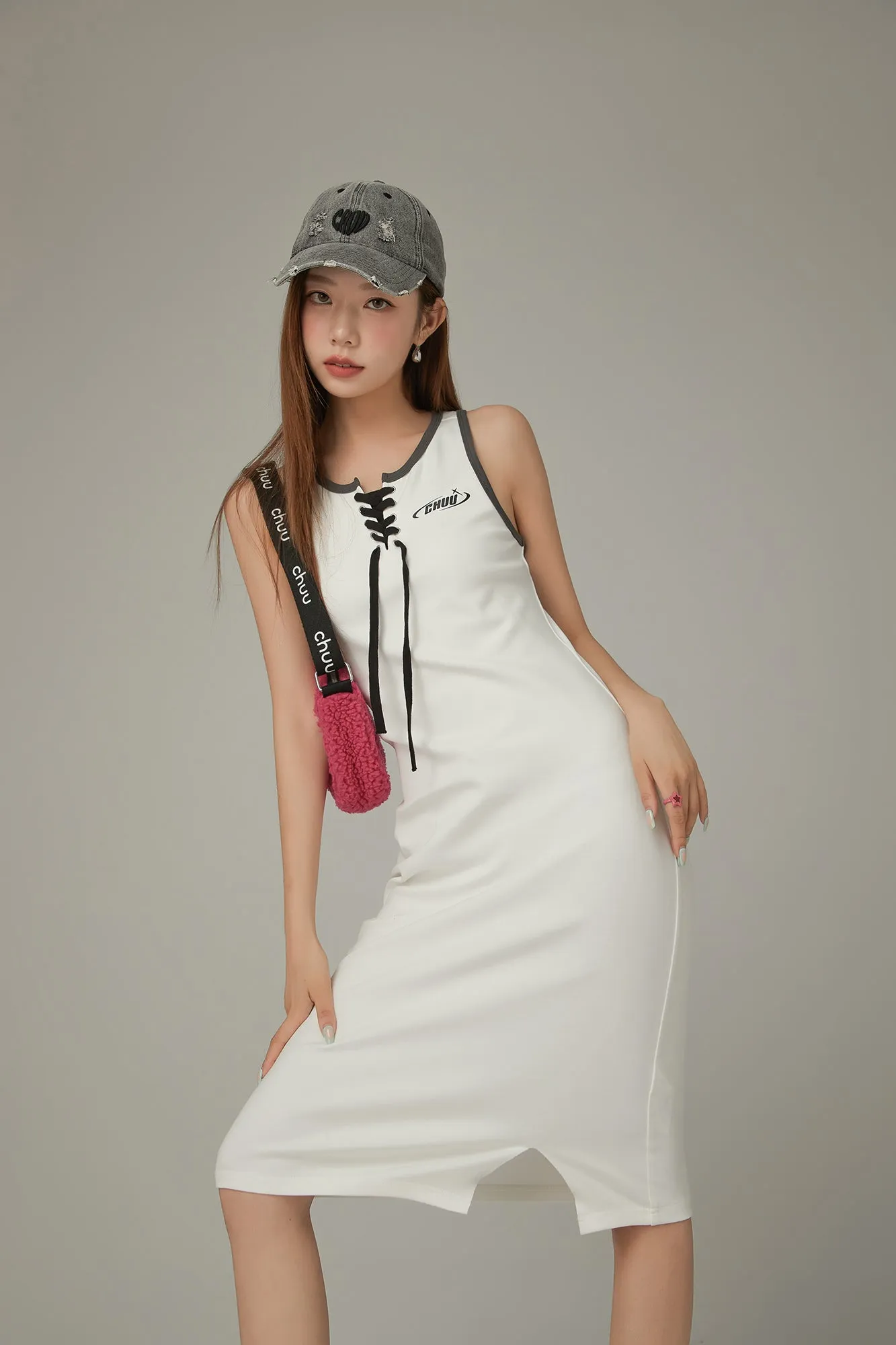 Lace Up Color Matching Sporty Long Dress