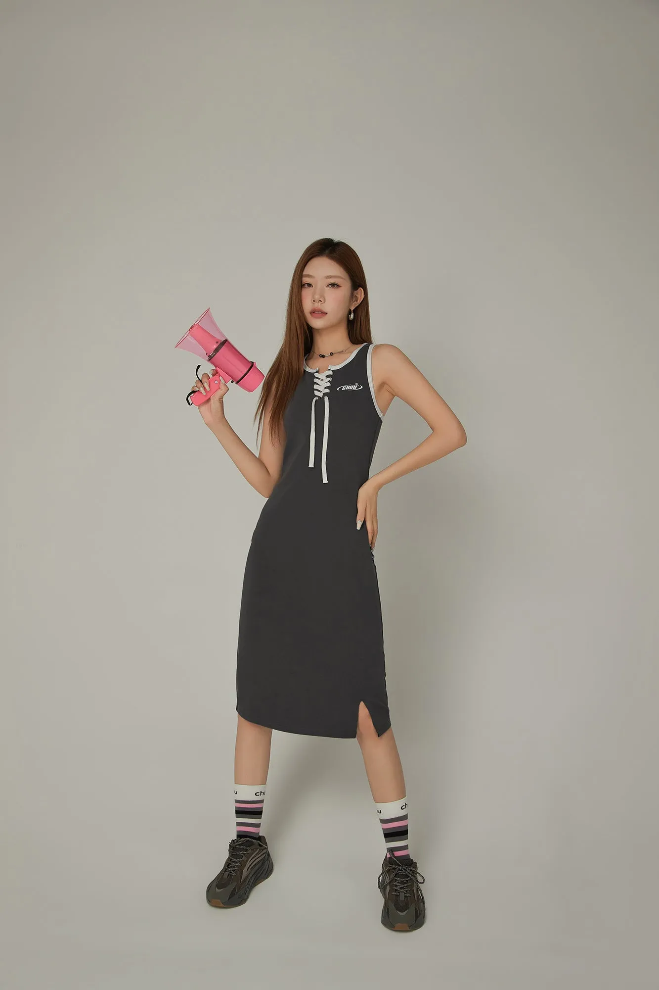 Lace Up Color Matching Sporty Long Dress