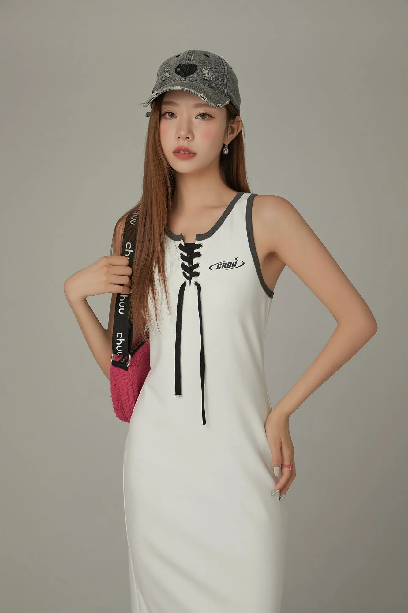 Lace Up Color Matching Sporty Long Dress