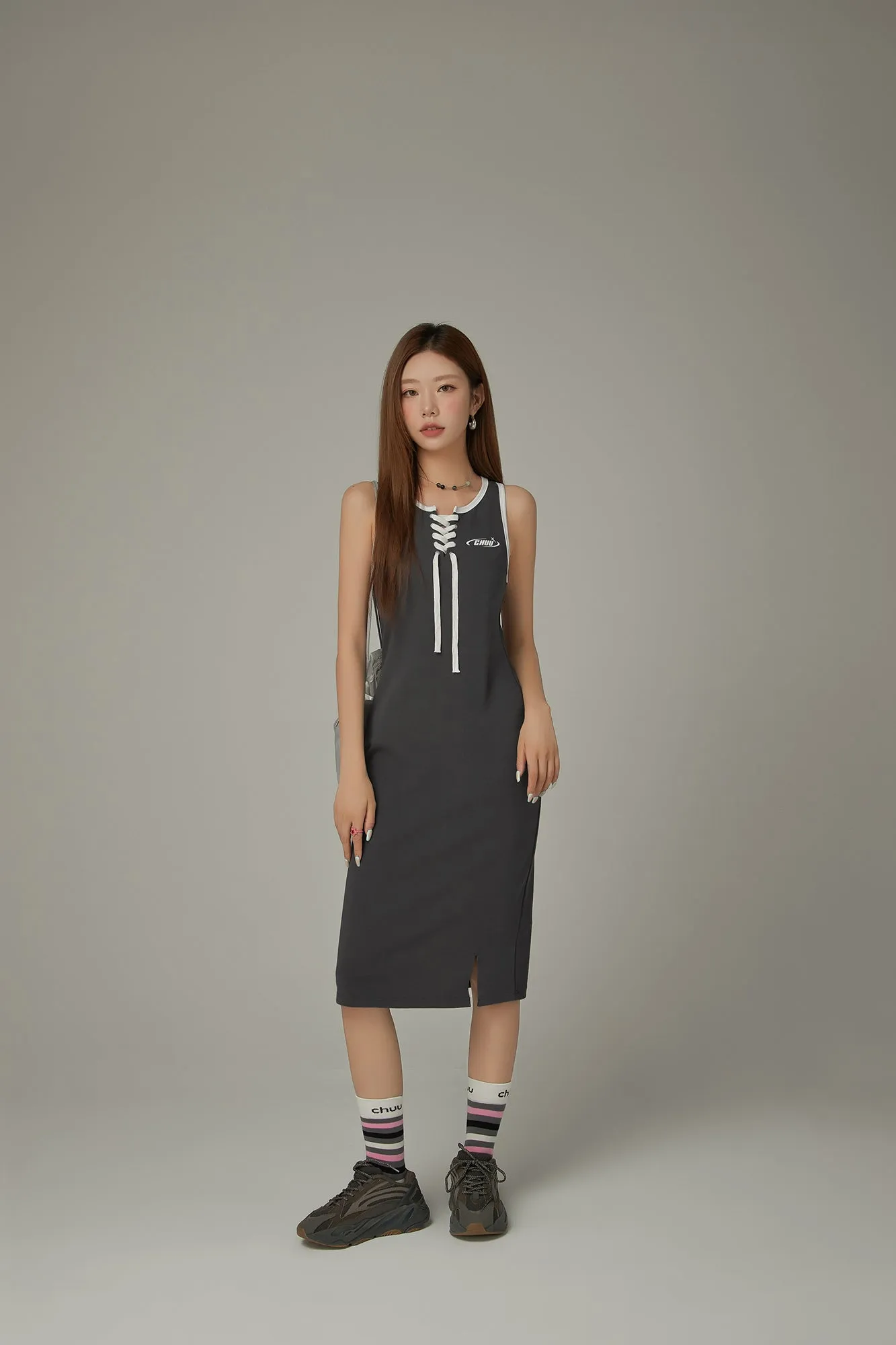 Lace Up Color Matching Sporty Long Dress