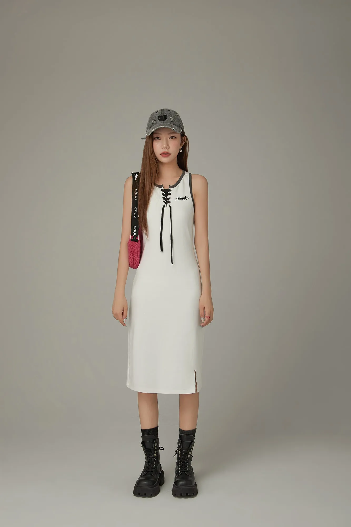 Lace Up Color Matching Sporty Long Dress