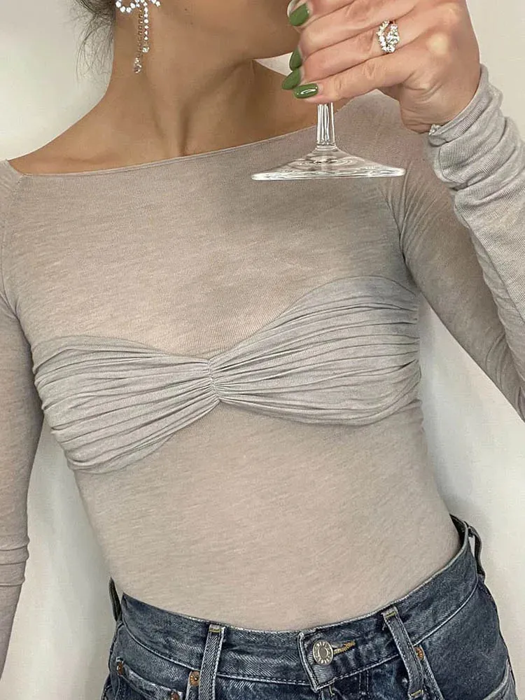 Long Sleeve Shoulder Gauze Slim Versatile Crop Top