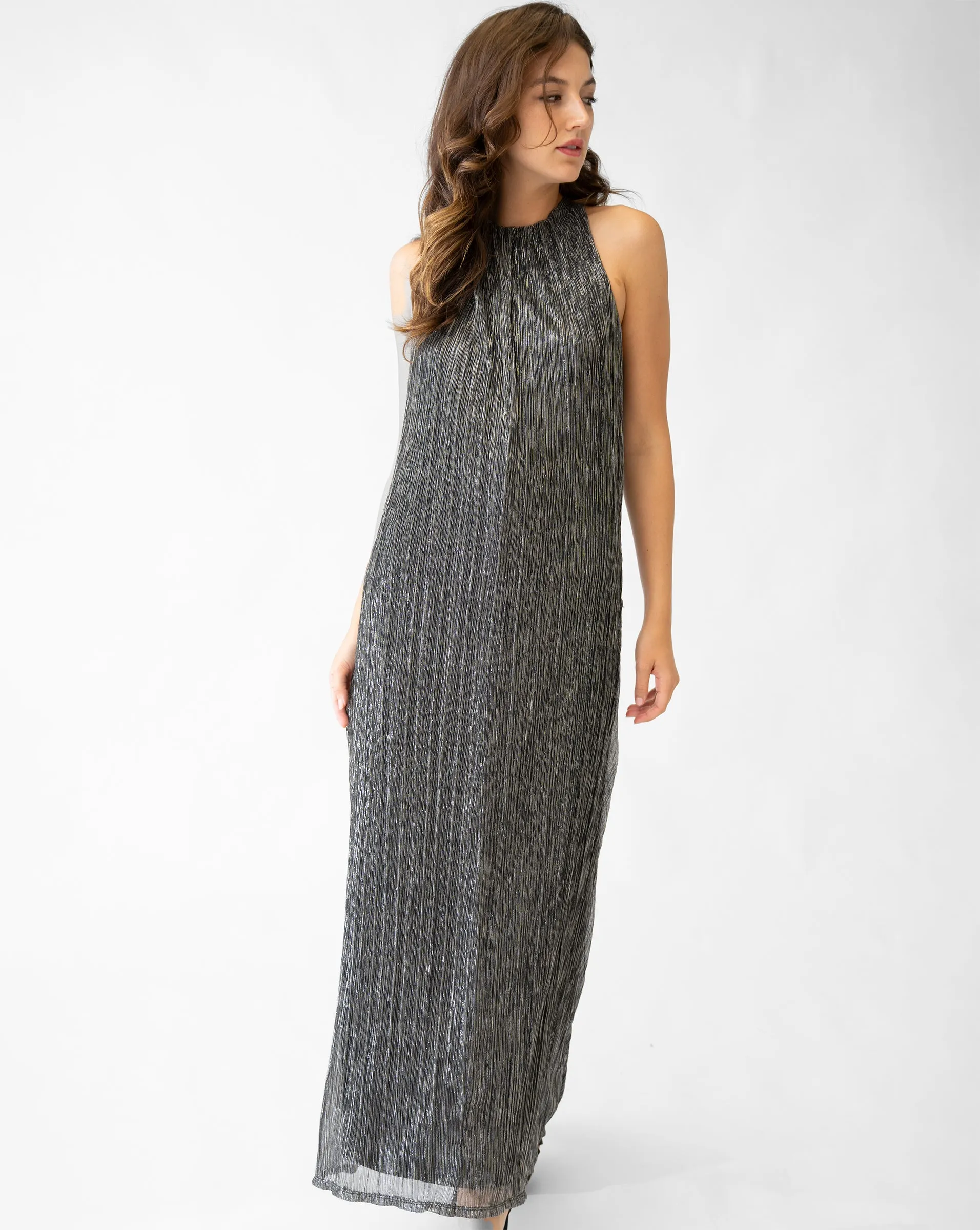 Metallic Mesh Draped Racerback Gown