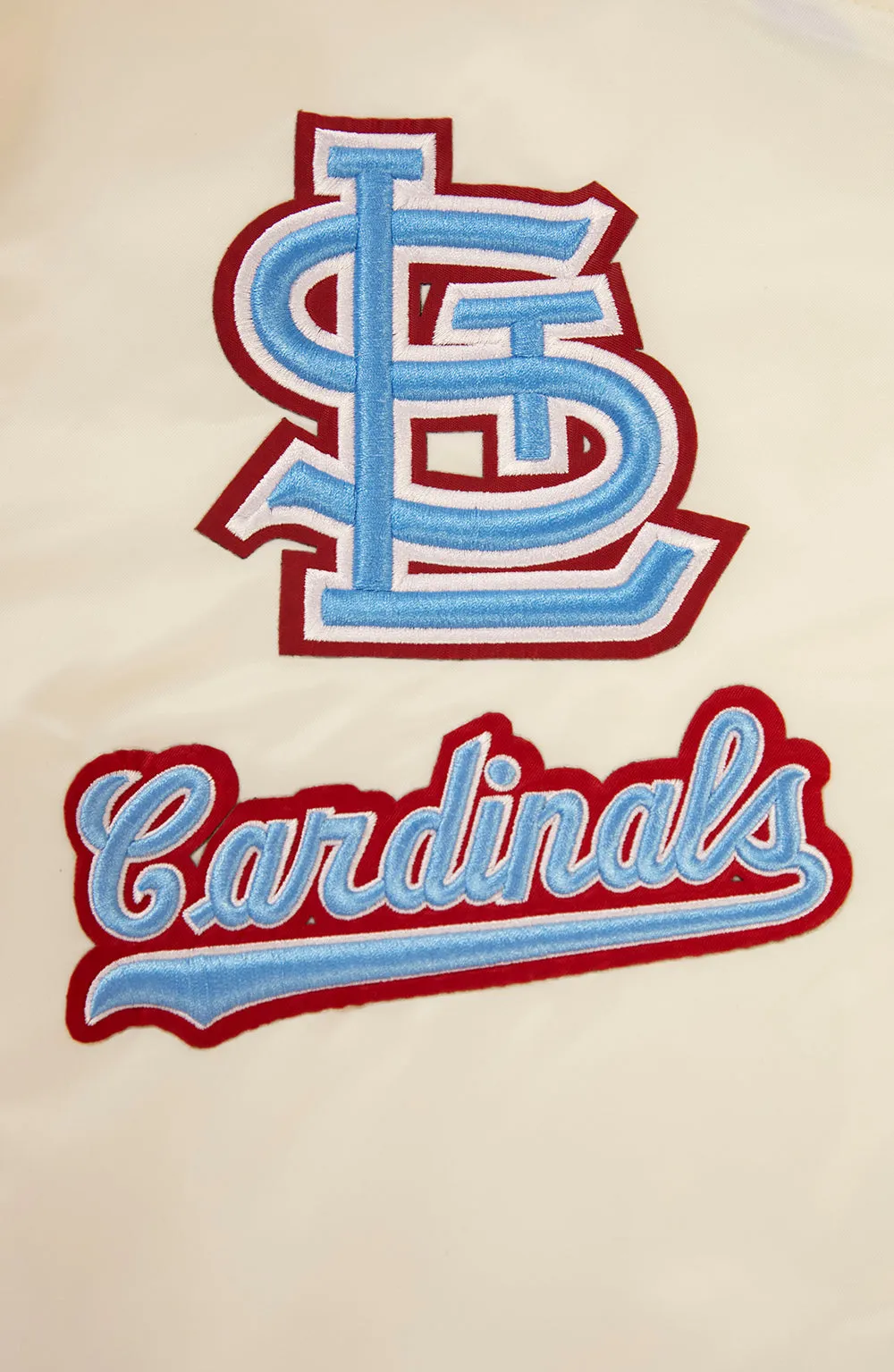 MLB ST. LOUIS CARDINALS RETRO CLASSIC MEN'S RIB SATIN JACKET (EGGSHELL/UNIVERSAL BLUE)