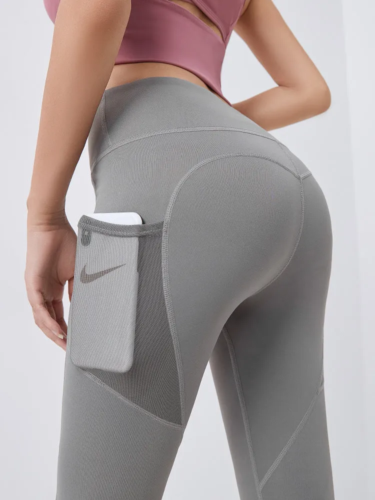 Peach hip fitness pants thin quick-dry elastic sports tights mesh screen side pocket running bottom yoga pants.