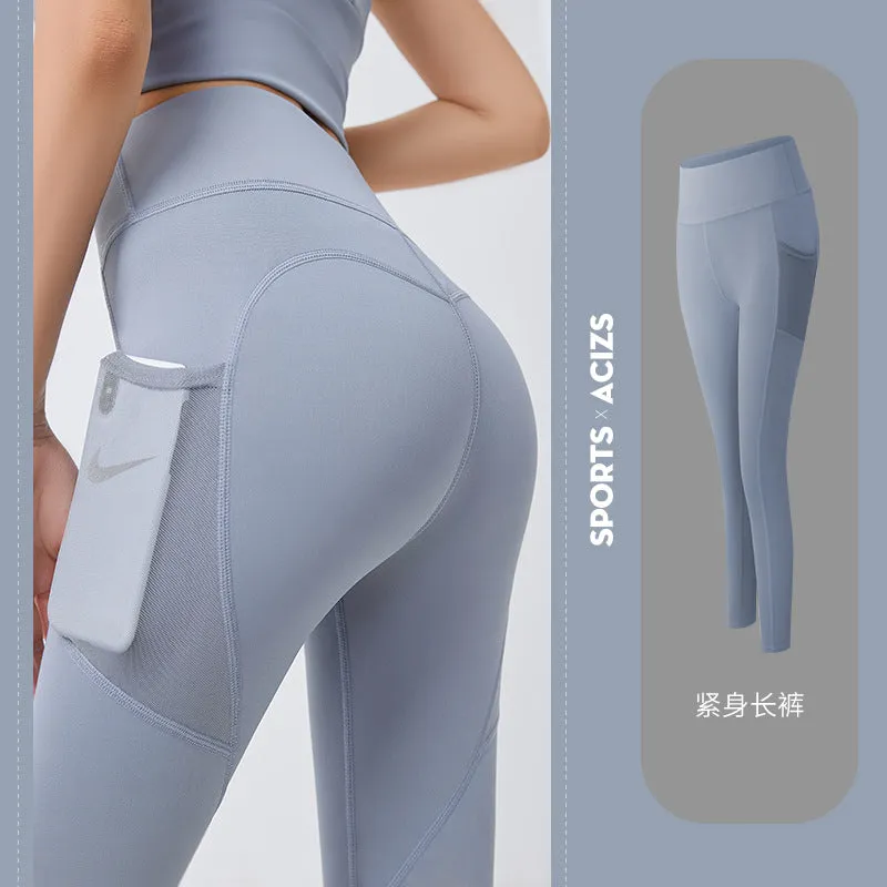 Peach hip fitness pants thin quick-dry elastic sports tights mesh screen side pocket running bottom yoga pants.