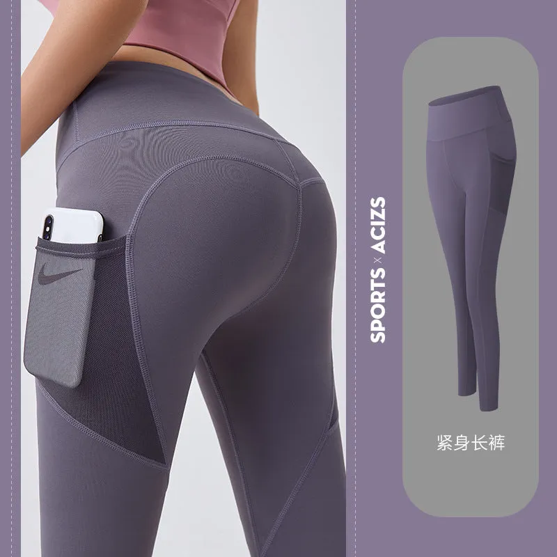 Peach hip fitness pants thin quick-dry elastic sports tights mesh screen side pocket running bottom yoga pants.