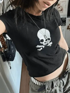 Skull Print Short Sleeve Y2K Crop Top