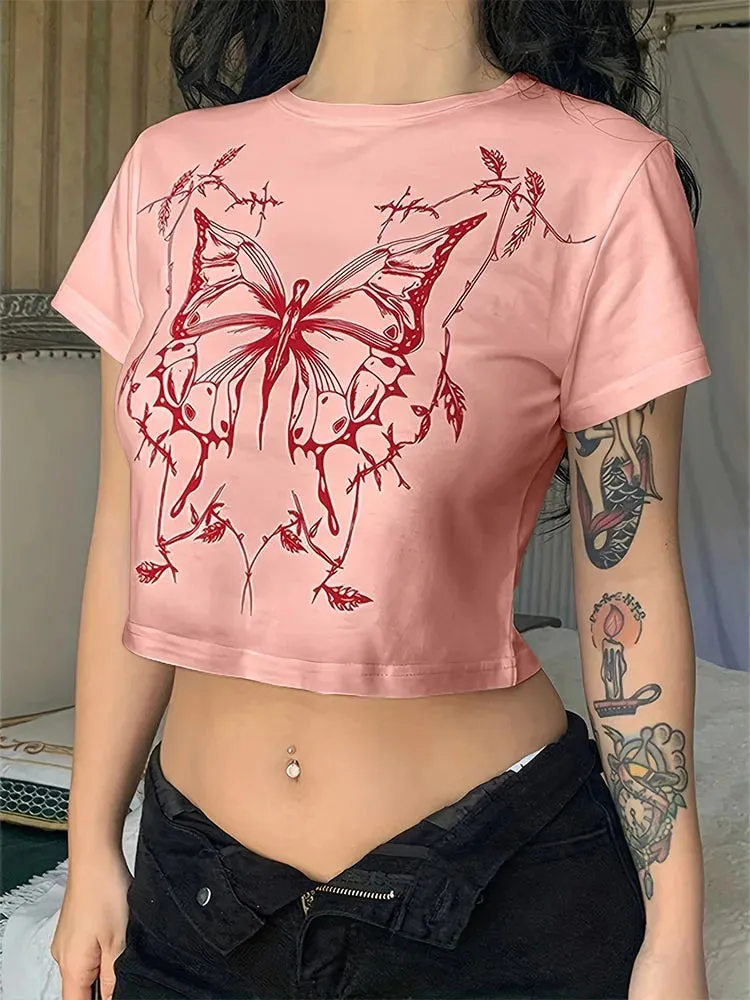 Vintage Butterfly O-Neck Crop Top