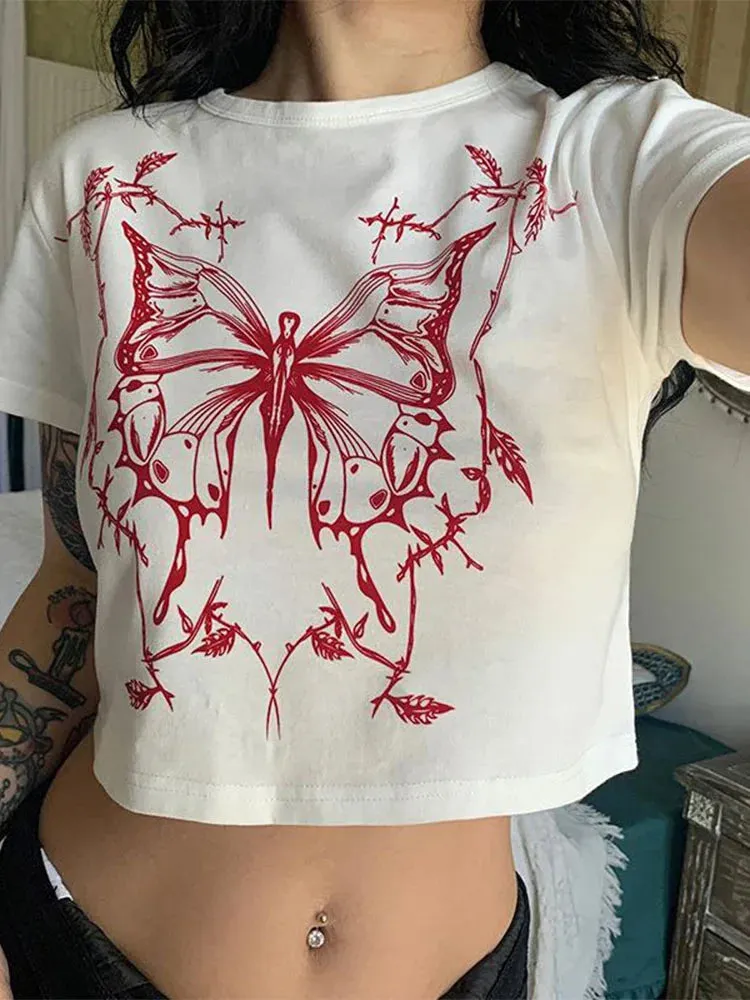 Vintage Butterfly O-Neck Crop Top