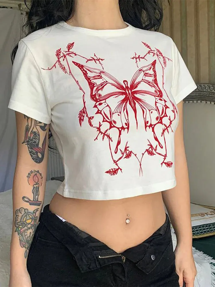 Vintage Butterfly O-Neck Crop Top