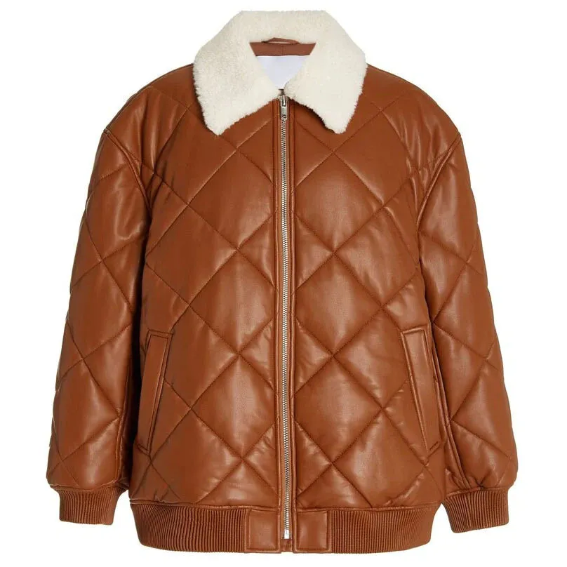 Womens Brown Puffer Leather Bomber Jacket in Faux Fur Collar with Stylish Quilted