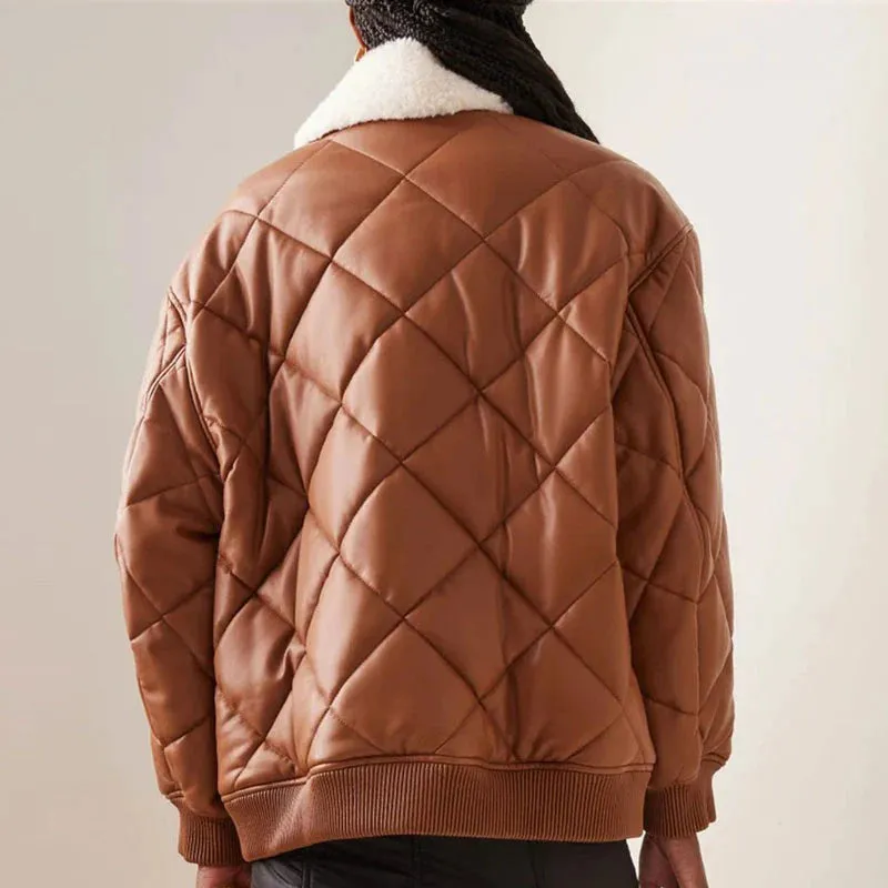 Womens Brown Puffer Leather Bomber Jacket in Faux Fur Collar with Stylish Quilted