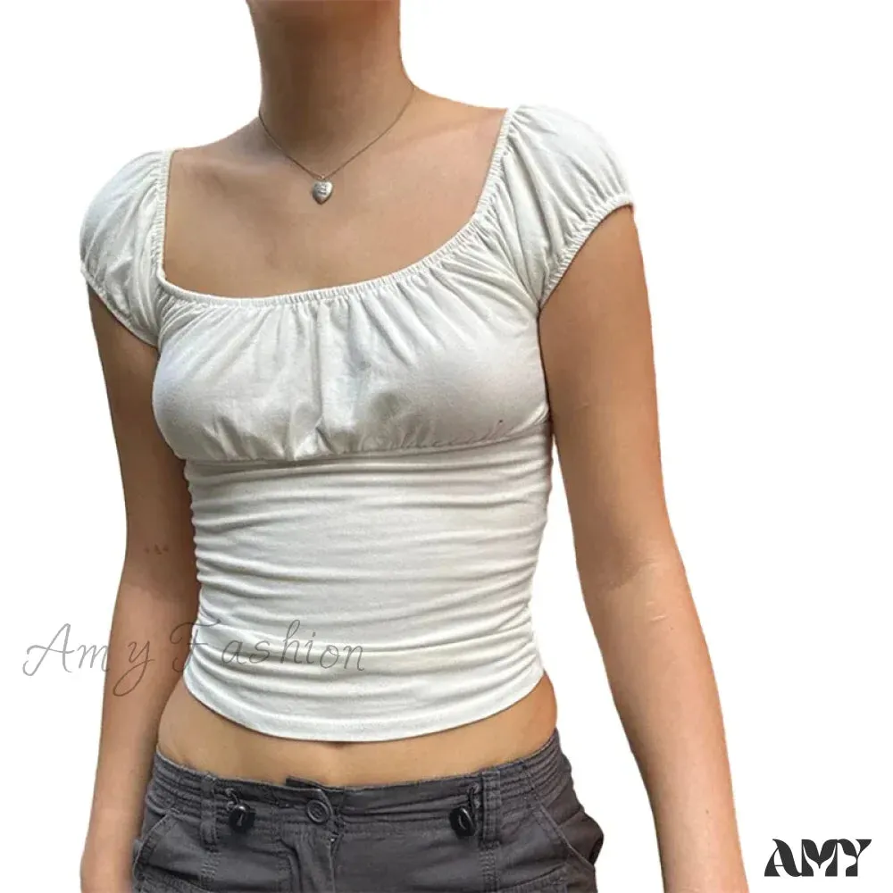 Y2k Aesthetic Solid Color Short Sleeve Ruched Basic Baby Tee Streetwear Crop Top